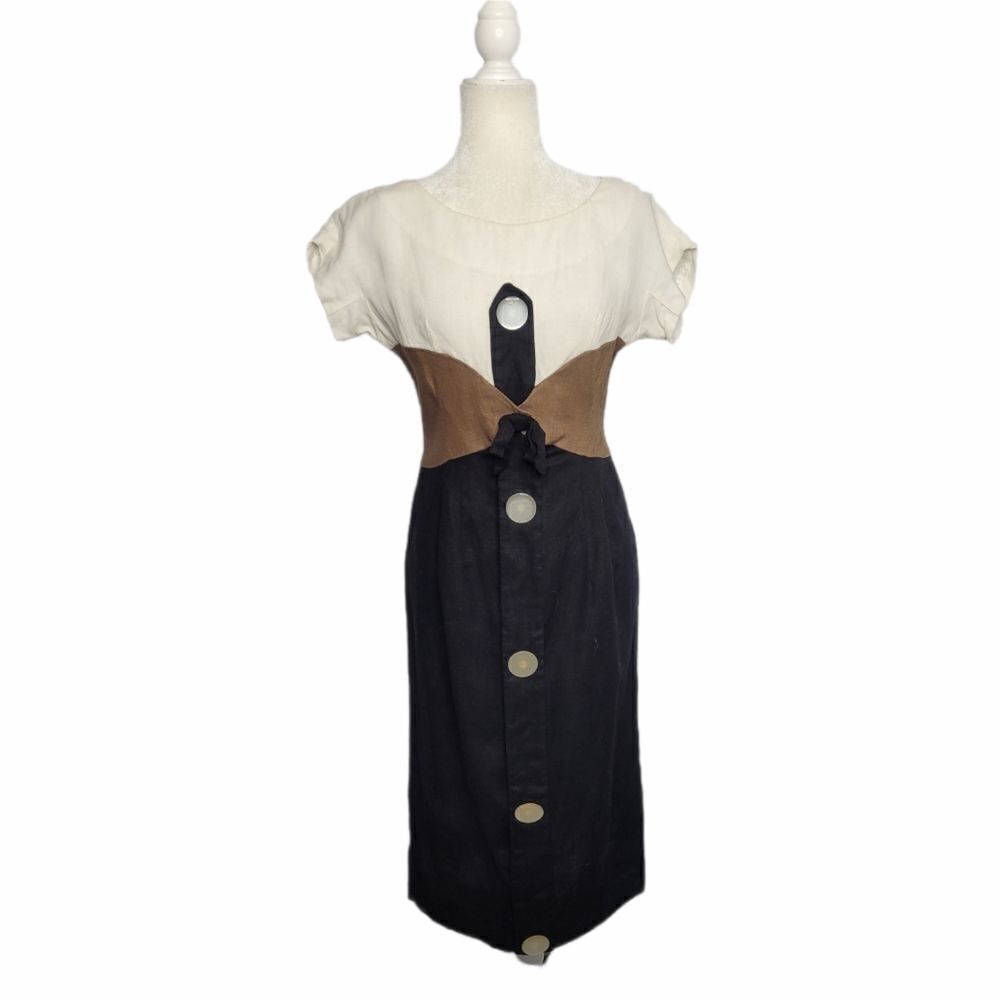 VINTAGE 50s dress Charles Warner colorblock button midi sheath column S